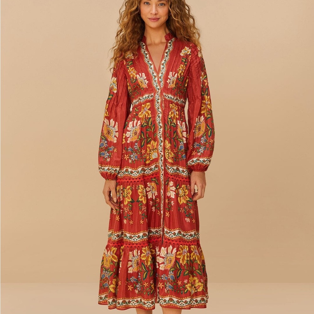 FARM Rio Red Garden Delight Long Sleeve Midi Dress